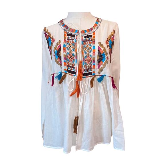 Anthropologie RD & Koko Embroidered Boho Peasant Top Tassel Tie Front M Beach - Picture 2 of 9